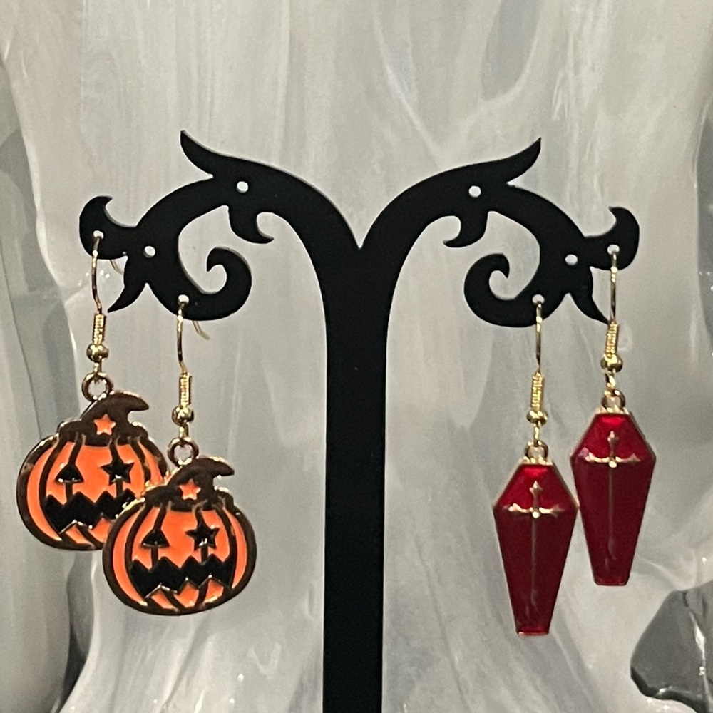 Halloween Earrings. 2 pairs. Jack o lantern and red coffin.